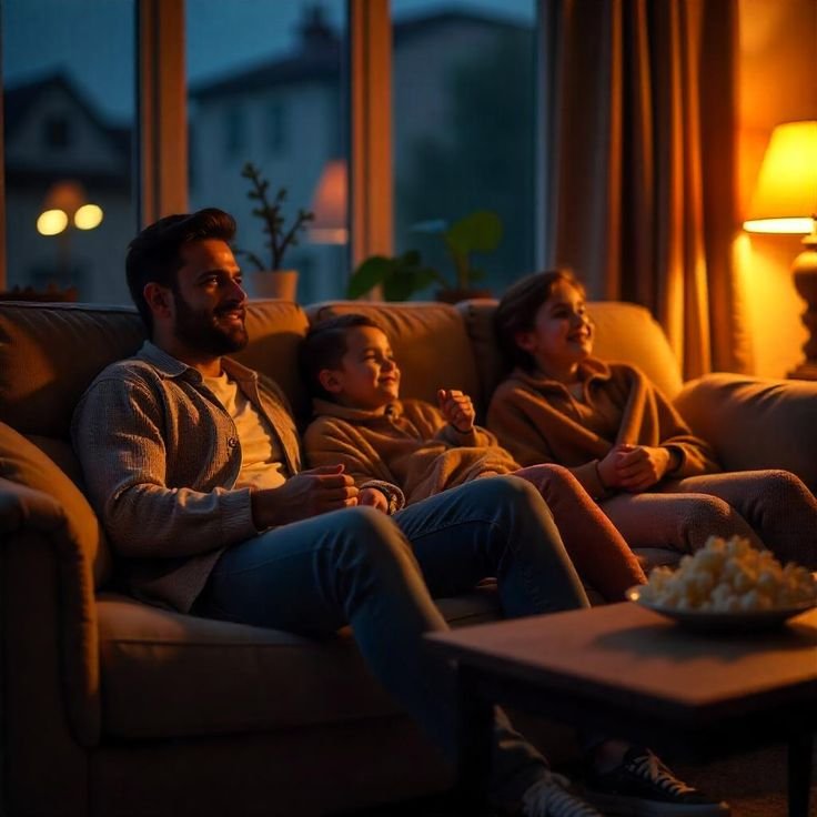 İnternet bağlantılı televizyonda içerik izleyen aile